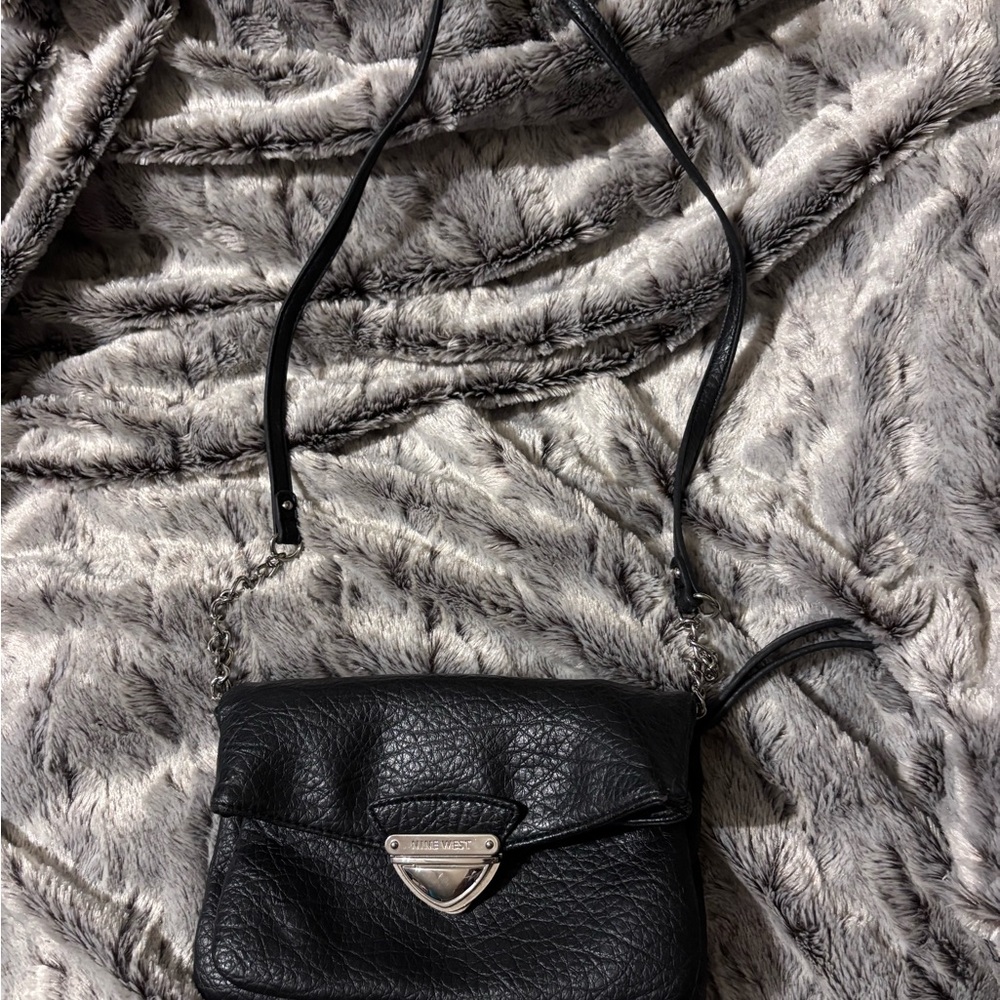 Black Nine West Multi Compartment Leather Crossbody Bag